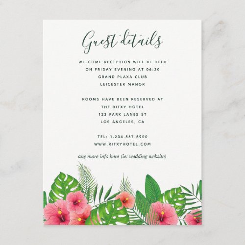 Watercolor Tropical Leaves Wedding Guest Details Enclosure Card