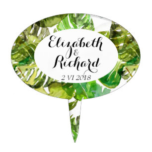 Watercolor Tropical Leaves wedding monogram Cake Topper