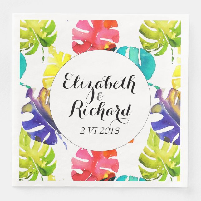 Watercolor Tropical Leaves wedding  monogram Paper Dinner Napkins (Front)