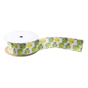 Watercolor Tropical Leaves wedding monogram Satin Ribbon