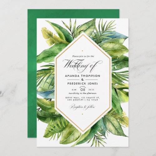 Watercolor Tropical Leaves Wedding Photo Invitation