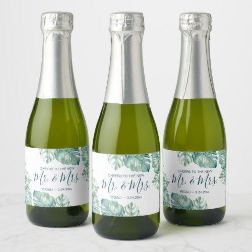 Watercolor Tropical Leaves Wedding Reception Sparkling Wine Label