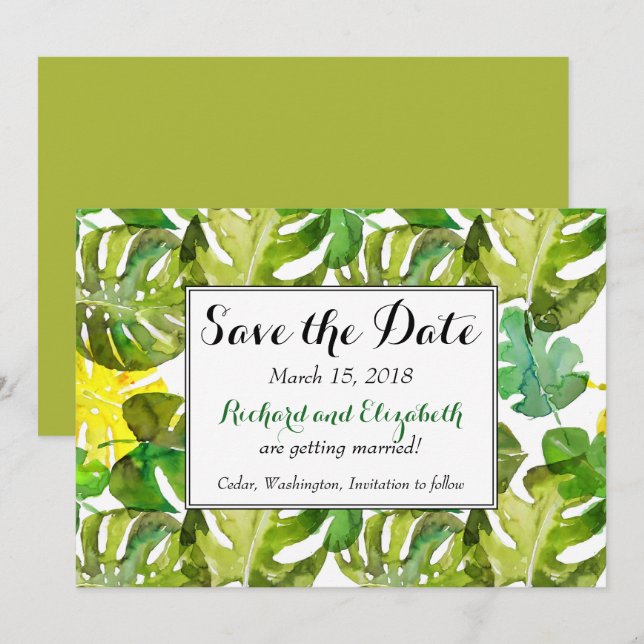 Watercolor Tropical Leaves wedding Save the Date Invitation (Front/Back)