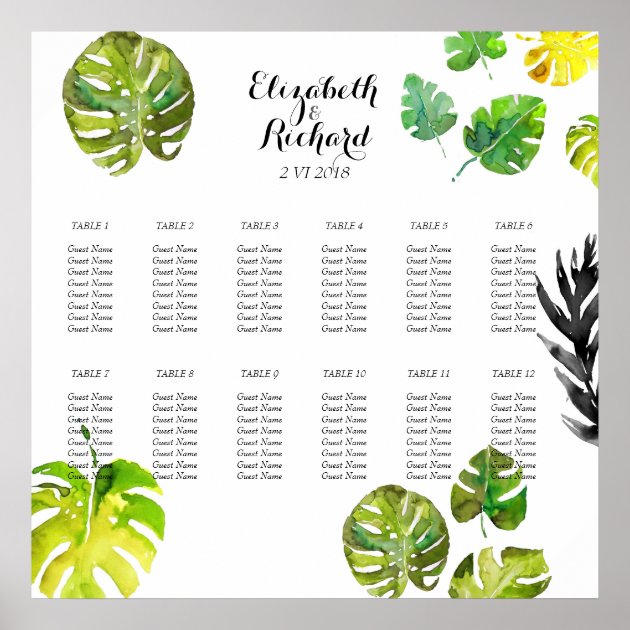 Watercolor Tropical Leaves Wedding Seating Chart