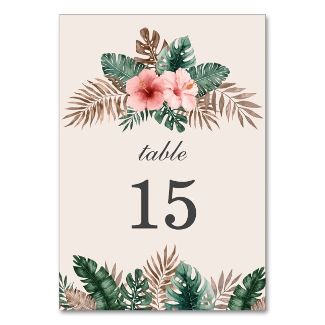 Watercolor Tropical Leaves Wedding Table Number (Front)