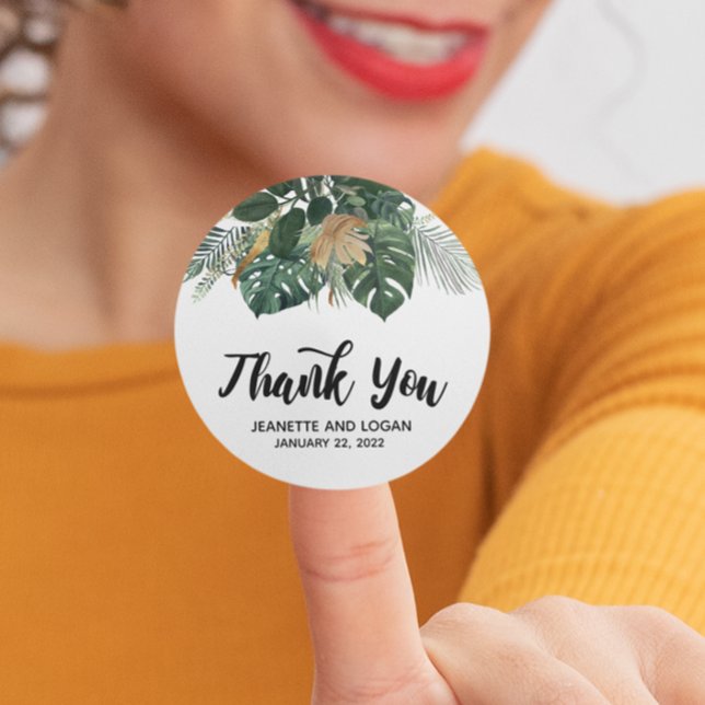 Watercolor Tropical Leaves Wedding Thank you  Classic Round Sticker (Creator Uploaded)