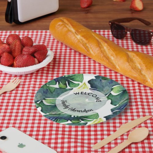 Watercolor tropical leaves welcome family name paper plates