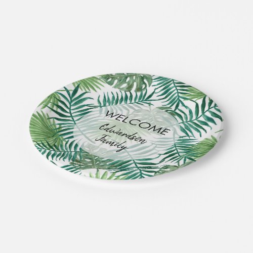 Watercolor tropical leaves Welcome family name Paper Plates