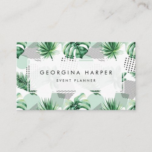 Watercolor Tropical Leaves with Abstract Shapes Business Card