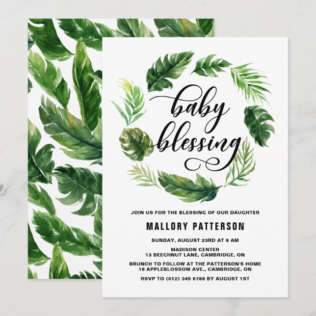 Watercolor Tropical Leaves Wreath Baby Blessing Invitation (Front/Back)