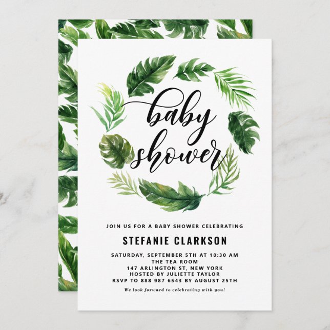 Watercolor Tropical Leaves Wreath Baby Shower Invitation (Front/Back)