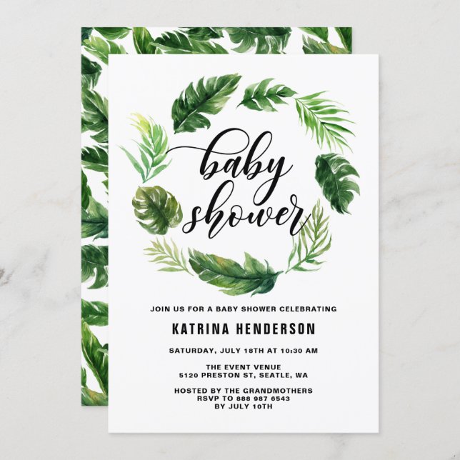 Watercolor Tropical Leaves Wreath Baby Shower Invitation (Front/Back)