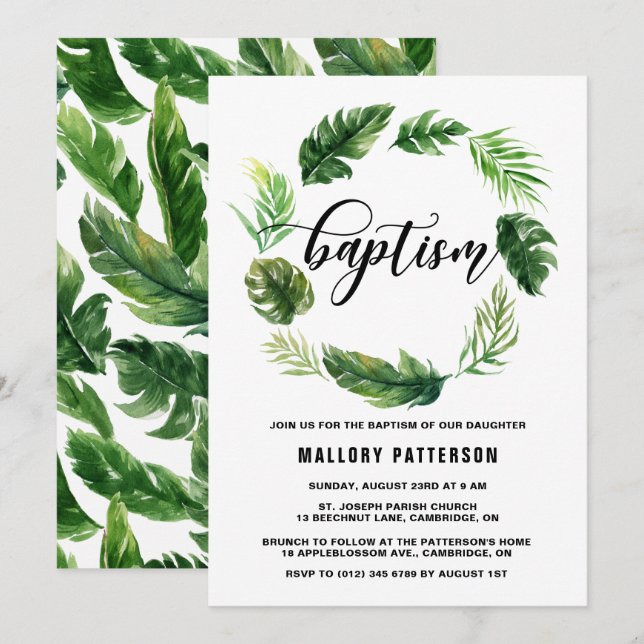 Watercolor Tropical Leaves Wreath Baptism Invitation (Front/Back)