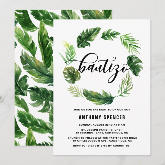 Watercolor Tropical Leaves Wreath Bautizo Invitation (Front/Back)
