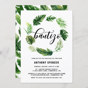 Watercolor Tropical Leaves Wreath Bautizo Invitation