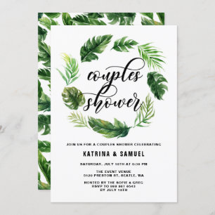 Watercolor Tropical Leaves Wreath Couples Shower Invitation