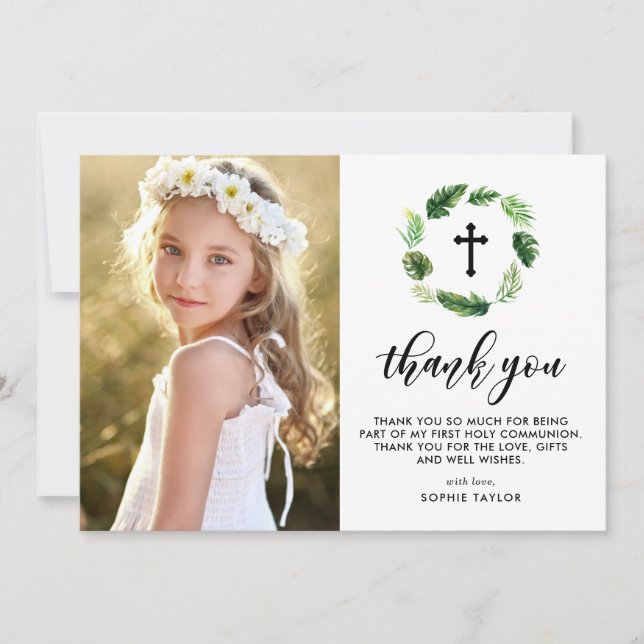 Watercolor Tropical Leaves Wreath First Communion Thank You Card (Front)