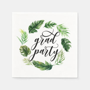 Watercolor Tropical Leaves Wreath Graduation Party Napkins