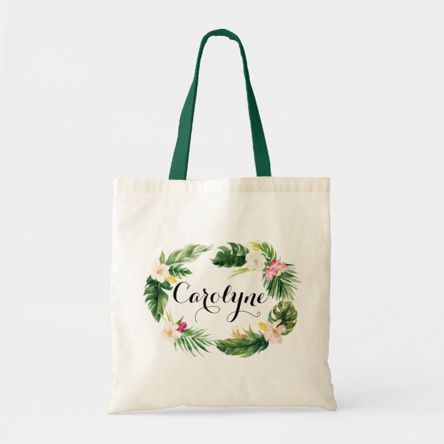 Watercolor Tropical Leaves Wreath Personalized Tote Bag (Front)