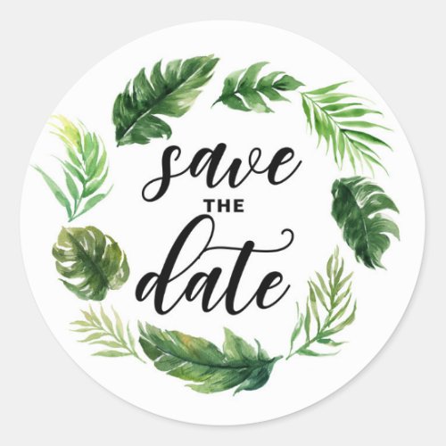 Watercolor Tropical Leaves Wreath Save The Date Classic Round Sticker