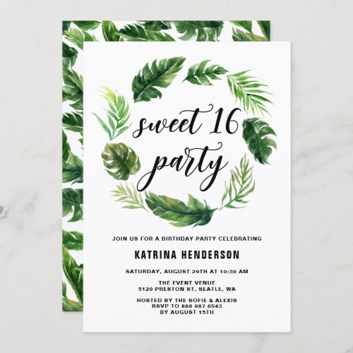 Watercolor Tropical Leaves Wreath Sweet 16 Party Invitation