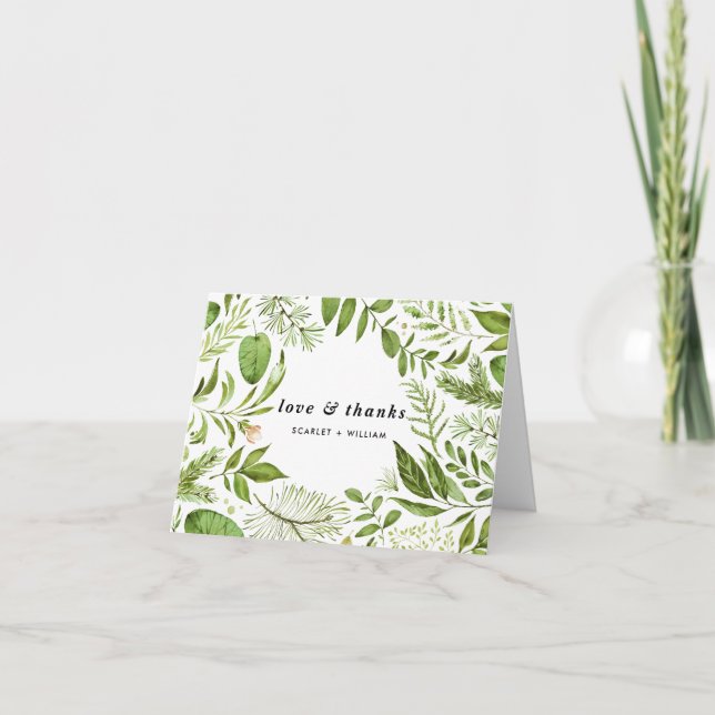 Watercolor Tropical Leaves Wreath Thank You Card (Front)