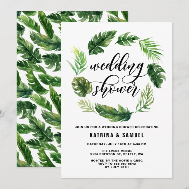 Watercolor Tropical Leaves Wreath Wedding Shower Invitation (Front/Back)