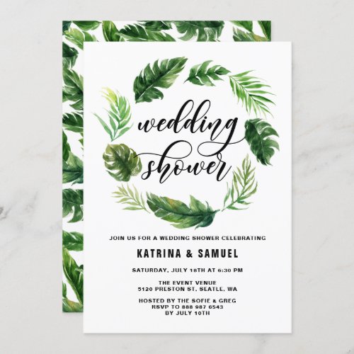 Watercolor Tropical Leaves Wreath Wedding Shower Invitation