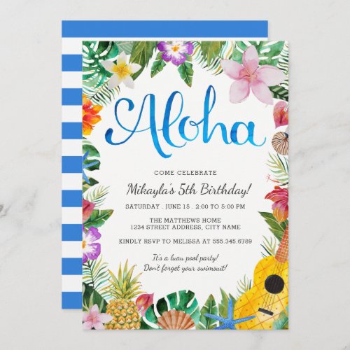 Watercolor Tropical Luau Birthday Party Invite