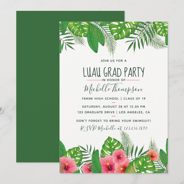 Watercolor tropical Luau Graduation Party Invitation (Front/Back)