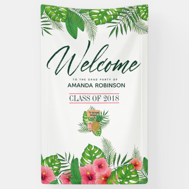 Watercolor tropical Luau Graduation Welcome Banner (Vertical)