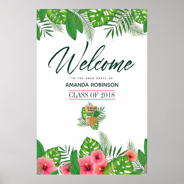 Watercolor tropical Luau Graduation Welcome Poster (Front)