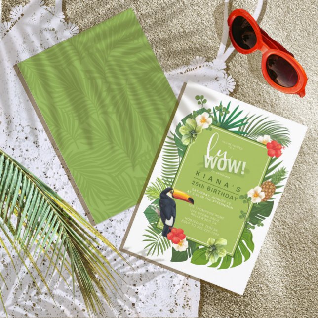 Watercolor Tropical Luau LuWOW! Green ID577 Invitation (Front/Back In Situ)