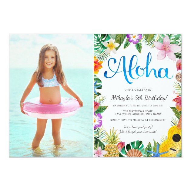 Watercolor Tropical Luau | Photo Birthday Party Card