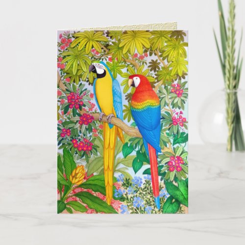 Watercolor Tropical Macaw Parrots Greeting Card
