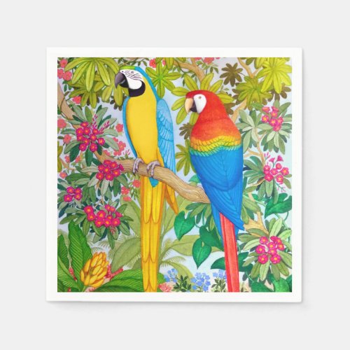 Watercolor Tropical Macaw Parrots Paper Napkins