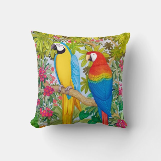Watercolor Tropical Macaw Parrots Pillow (Front)