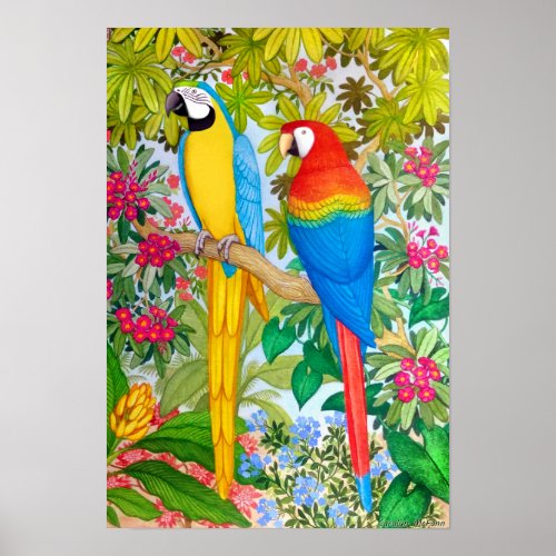 Watercolor Tropical Macaw Parrots Poster