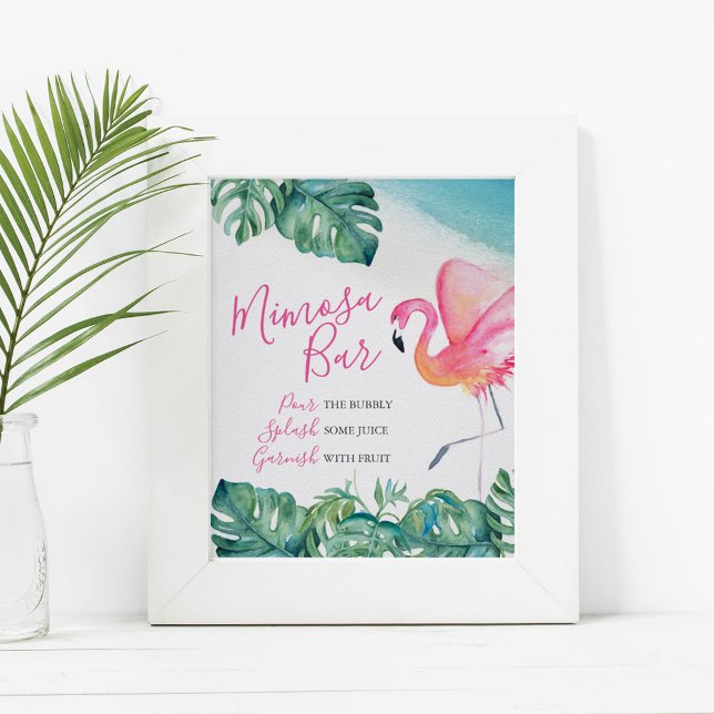 Watercolor Tropical Mimosa Bar Poster (Tropical mimosa bar sign watercolor pink flamingo & palm leaf by Victoria Grigaliunas DoTellABelle)