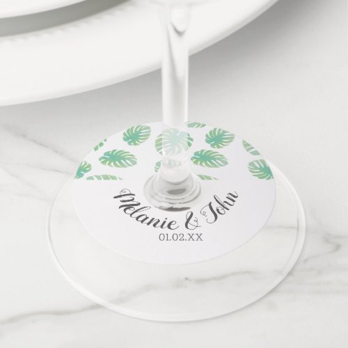 Watercolor Tropical Monstera Leaves  _ Couple Name Wine Glass Tag