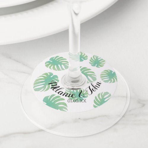 Watercolor Tropical Monstera Leaves  _ Couple Name Wine Glass Tag