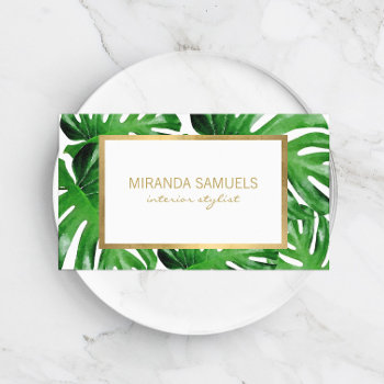 Watercolor Tropical Monstera Leaves Pattern Business Card by 1201am at Zazzle