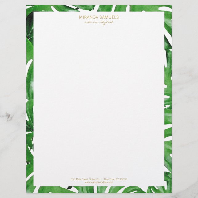 Watercolor Tropical Monstera Leaves Pattern Letterhead (Front)