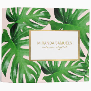 Watercolor Tropical Monstera Leaves Pattern Pink Binder