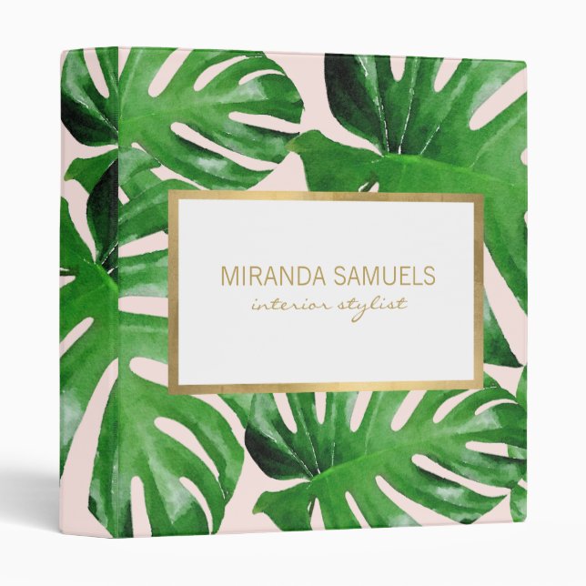 Watercolor Tropical Monstera Leaves Pattern Pink Binder (Front/Spine)