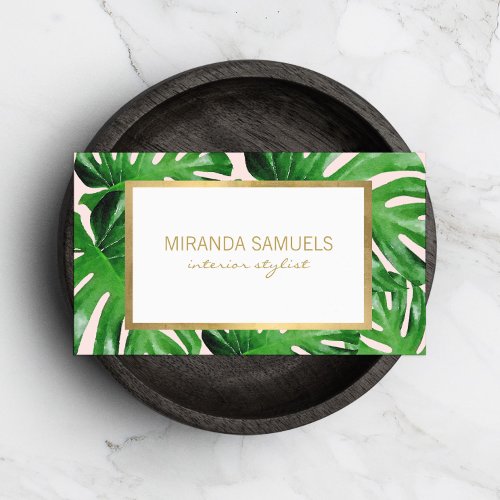 Watercolor Tropical Monstera Leaves Pattern Pink Business Card