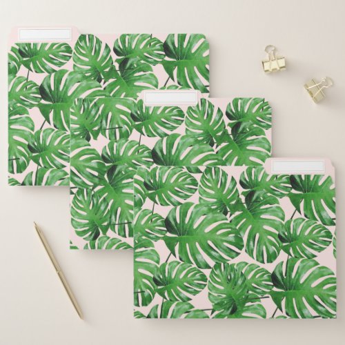 Watercolor Tropical Monstera Leaves Pattern Pink File Folder