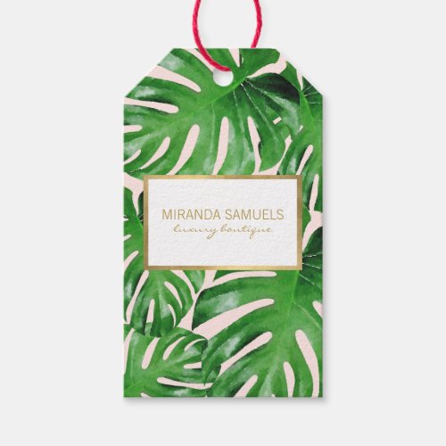 Watercolor Tropical Monstera Leaves Pattern Pink Gift Tags