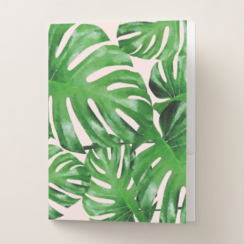 Watercolor Tropical Monstera Leaves Pattern Pink Pocket Folder