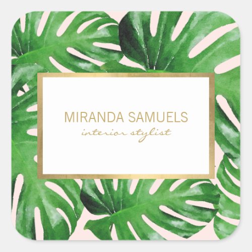 Watercolor Tropical Monstera Leaves Pattern Pink Square Sticker